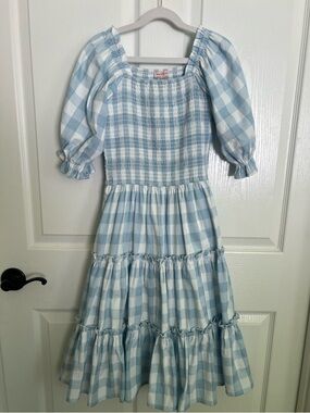 Mini Mia Blue White Gingham smocked tiered midi dress Girls 11/12T